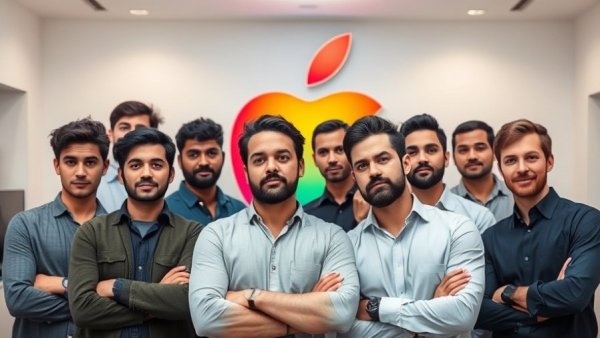 Apple CEO change concept with diverse professionals by logo