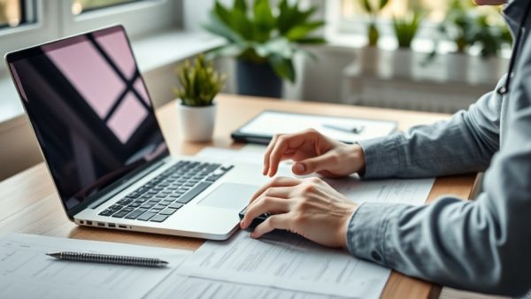 Professional workspace for online business tax obligations, organized with natural decor.