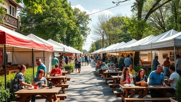 Austin food market with people dining outdoors under trees.