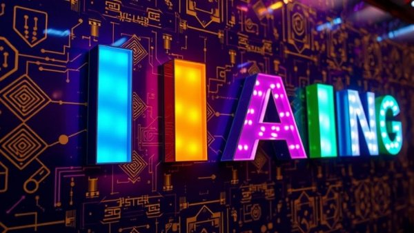 Abstract AI letters on purple wall with gold patterns representing changing shopping behavior.