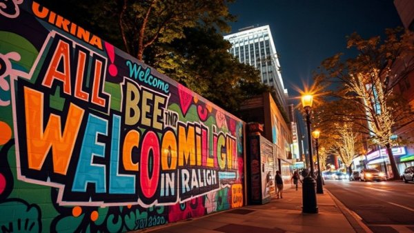 Raleigh culinary scene mural and cityscape at night with vibrant lights.