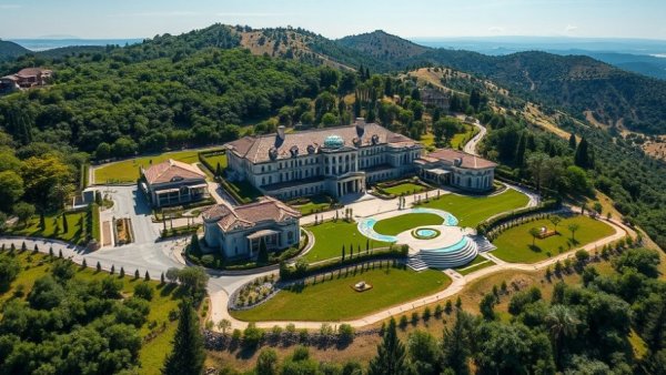 Luxurious Bel Air mega mansion with lush greenery and multiple buildings.