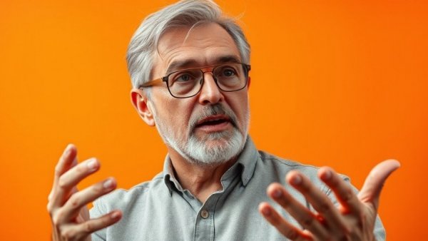Man explaining concept in front of an orange background.
