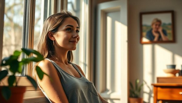Woman enjoying clean air by open window, enhancing brain performance.