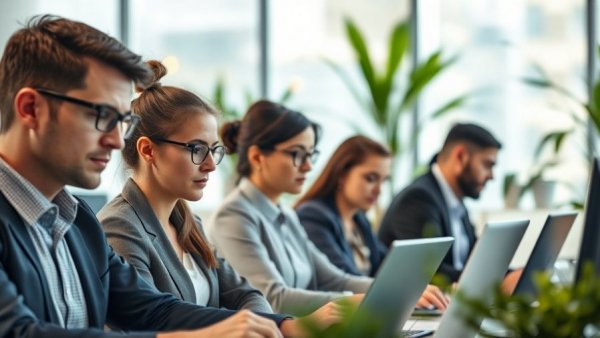 Office workers using local SEO software in a modern office space.