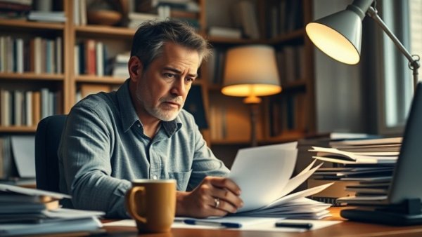 Focused man pondering tax payments at home office desk.