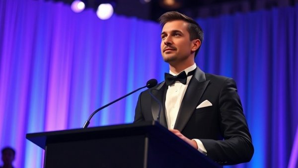 ESTAS Awards winners 2026 ceremony podium with speaker in tuxedo.