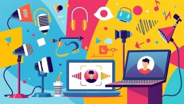 Vibrant abstract broadcast illustration with microphones and headphones.