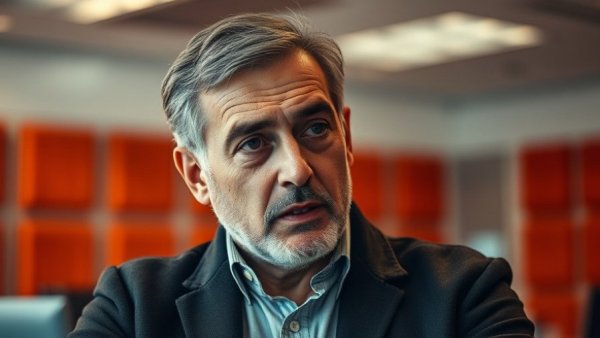 Middle-aged man discussing SaaS technology in an office.