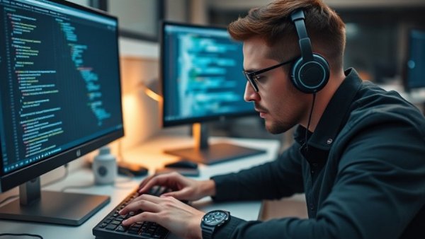 Software developer coding on dual monitors in an office.