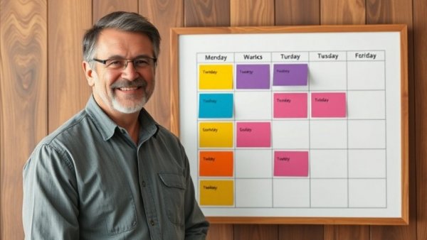Man with weekly planner highlighting daily actions for real estate growth.