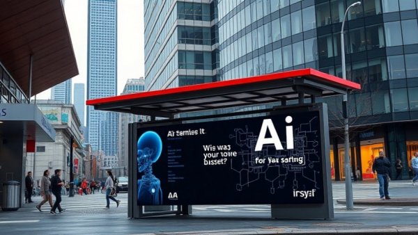 Urban bus stop with AI-themed ad, highlighting KC Green art theft concerns.