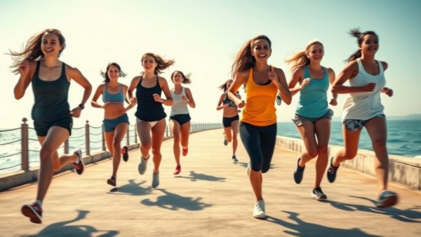 Dynamic women running by the sea, linked to VO2 max benefits.