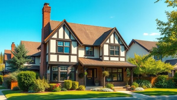 Idyllic Tudor-style house under clear sky