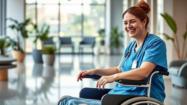 Friendly nurse assists patient in wheelchair in bright medical setting.