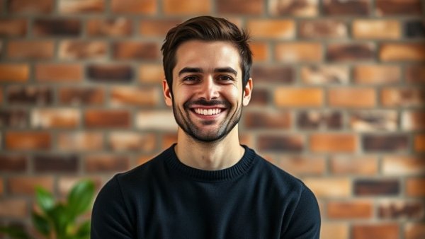 Smiling man against brick wall, business bank switching concept.