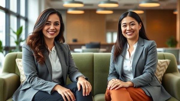 Two professional women in office setting with modern decor.