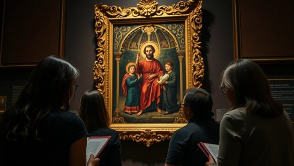 Esoteric Turin art gallery visitors examining painting.