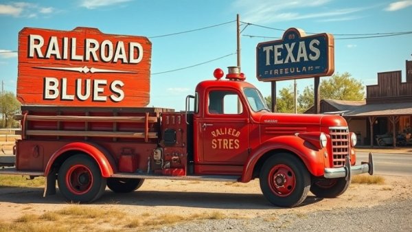 Vintage fire truck promoting 'Railroad Blues' in a small Texas town.