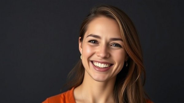 Confident woman smiling against dark backdrop, AI implementation for startups.