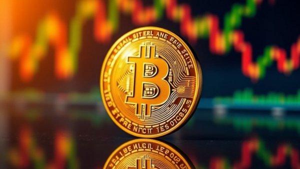 Bitcoin coin reflecting against colorful trading charts, FXSI Crypto CFD Trading Platform.