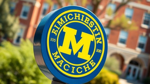 University of Michigan seal on blue sign, campus background.