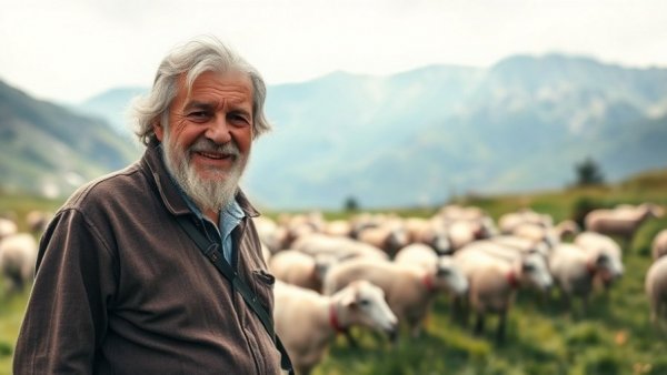 Elderly shepherd in Armenian mountains with sheep flock, Armenia culinary heritage.