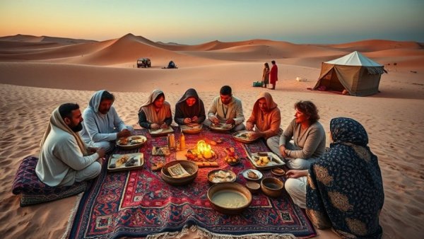 Group enjoying soft adventures dining on colorful rugs in a desert.