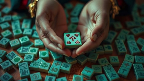 Hands holding Mahjong tile at cultural event in Austin.