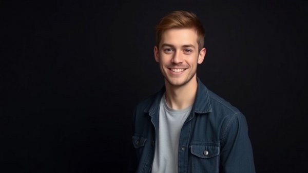 Young entrepreneur smiling at laptop in a dark studio.