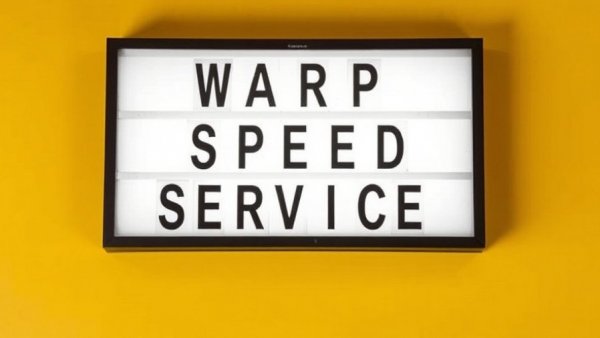 Lightbox sign with 'WARP SPEED SERVICE' for content creation theme.