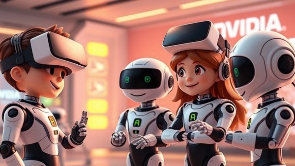 Cartoon NVIDIA AI scene with people and robots engaging.