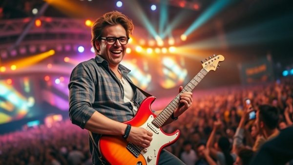 Musician performing energetically on stage with guitar