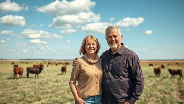 Texas ranch couple standing happily in field with cattle grazing.