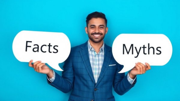 Real estate myths debunked with speech bubbles on a blue background.