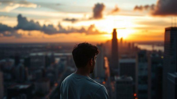 Young man contemplating at sunset, fear of intimacy concept.