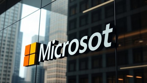 Microsoft logo on glass facade reflecting skyscrapers, modern corporate setting.