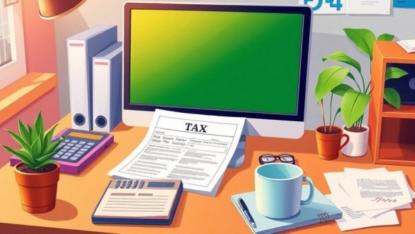 Tax form for sole proprietors displayed on computer in vibrant workspace.
