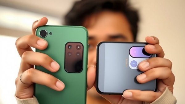 Comparing smartphone camera quality with close-up of two phones.