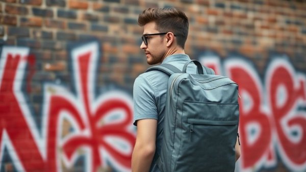 Modern man with backpack under $100, urban background.