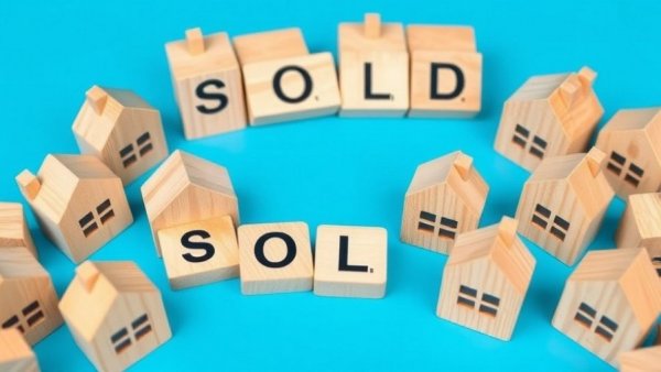Wooden house blocks on blue background symbolizing unsold homes.