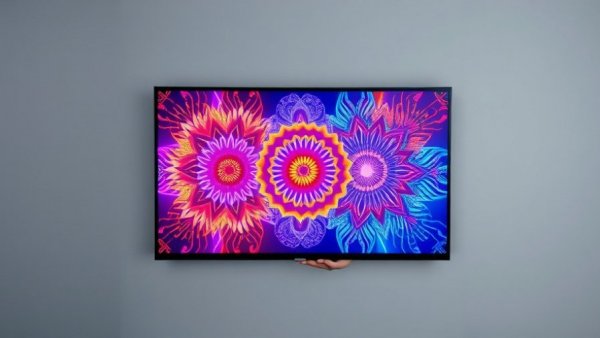 Woman showcasing mini RGB LED TV displaying vibrant patterns, modern design.