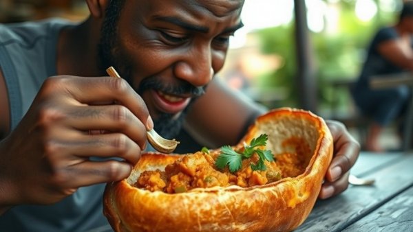 Man enjoying Bunny Chow in Durban with a focused look.