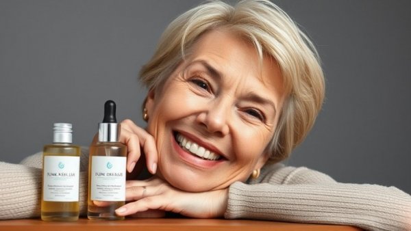 Smiling older woman with Hydra Source Moisture Method Serum.
