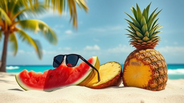 Vibrant tropical scene at Florida beach with fruits, Florida events in June.