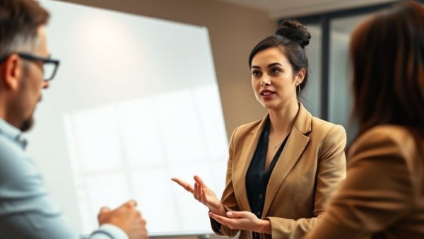 Businesswoman leading discussion on leadership qualities.