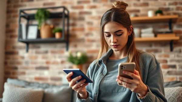 Woman comparing credit card offers with smartphone.