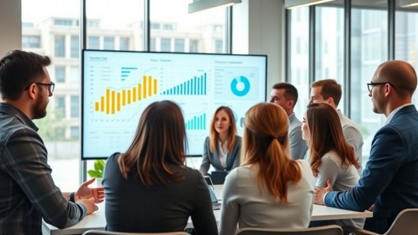 Diverse professionals discussing client satisfaction survey templates in office.