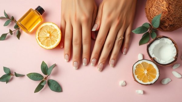 Delicate hands on pink surface with natural nail care items.