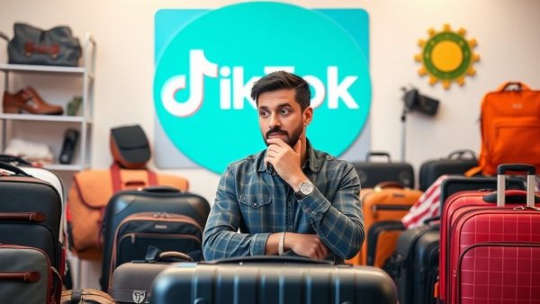 Thoughtful man reviews TikTok Shop luggage setup.